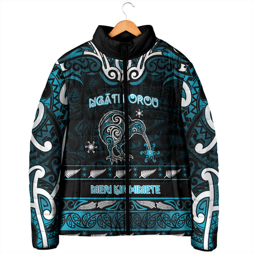 Personalised Ngati Porou Aotearoa Meri Kirihimete Padded Jacket Maori Kiwi Bird Silver Fern Koru Pattern