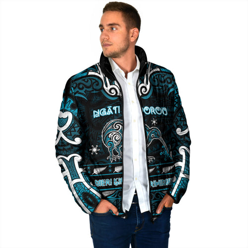 Personalised Ngati Porou Aotearoa Meri Kirihimete Padded Jacket Maori Kiwi Bird Silver Fern Koru Pattern
