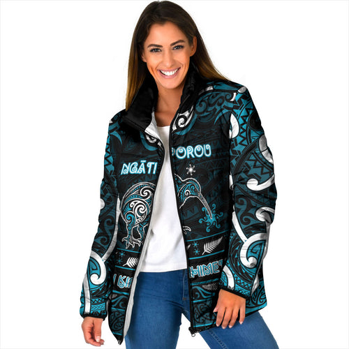 Personalised Ngati Porou Aotearoa Meri Kirihimete Padded Jacket Maori Kiwi Bird Silver Fern Koru Pattern