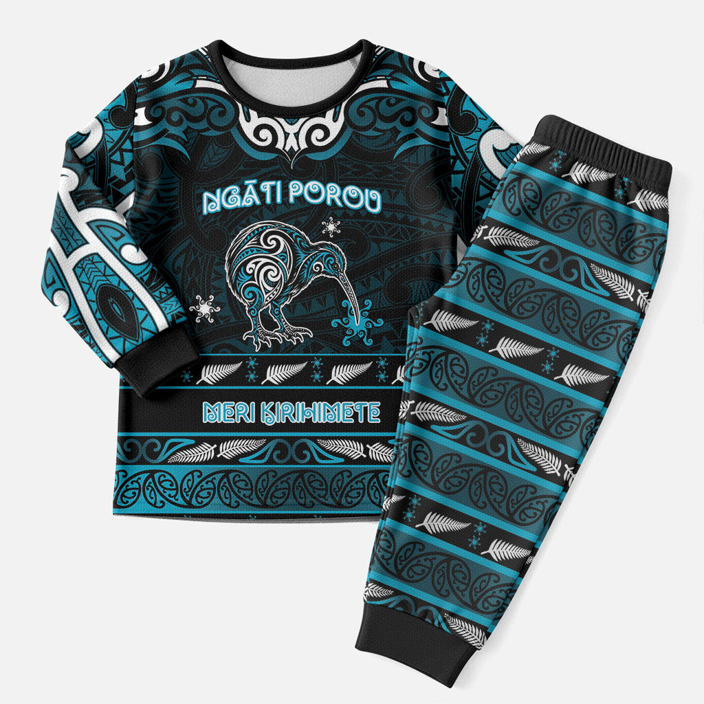 Personalised Ngati Porou Aotearoa Meri Kirihimete Christmas Pajama Set Maori Kiwi Bird Silver Fern Koru Pattern