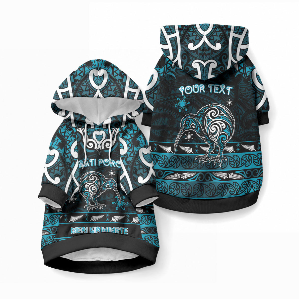 Personalised Ngati Porou Aotearoa Meri Kirihimete Pet Hoodie Maori Kiwi Bird Silver Fern Koru Pattern