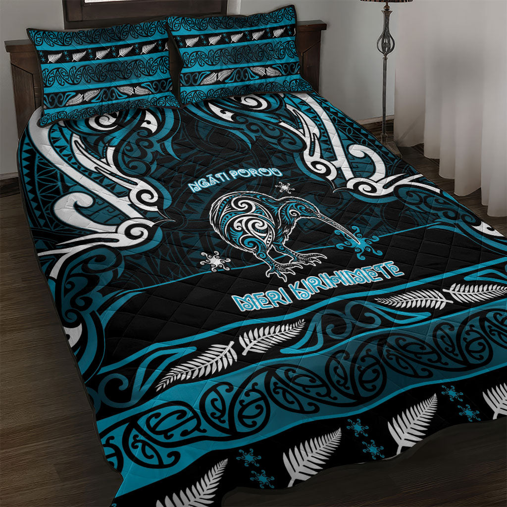 Ngati Porou Aotearoa Meri Kirihimete Quilt Bed Set Maori Kiwi Bird Silver Fern Koru Pattern