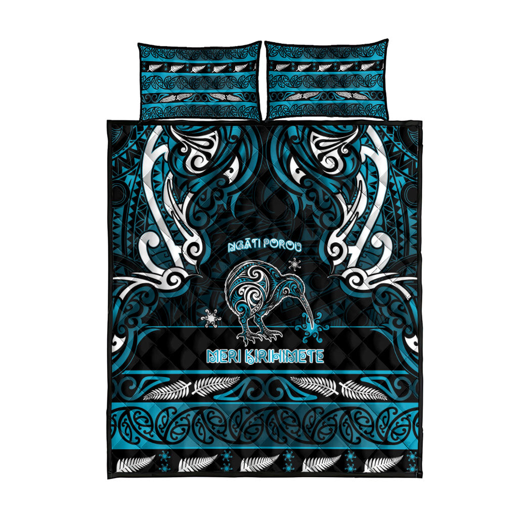 Ngati Porou Aotearoa Meri Kirihimete Quilt Bed Set Maori Kiwi Bird Silver Fern Koru Pattern