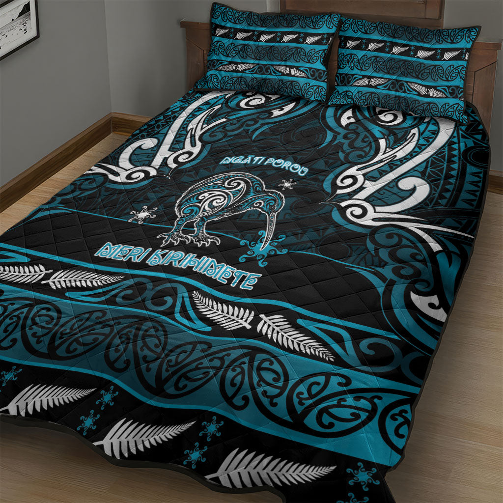 Ngati Porou Aotearoa Meri Kirihimete Quilt Bed Set Maori Kiwi Bird Silver Fern Koru Pattern