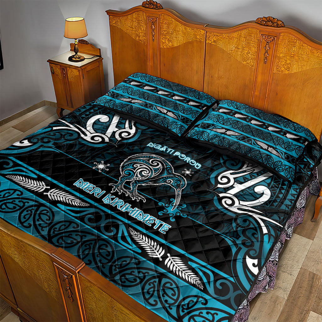 Ngati Porou Aotearoa Meri Kirihimete Quilt Bed Set Maori Kiwi Bird Silver Fern Koru Pattern