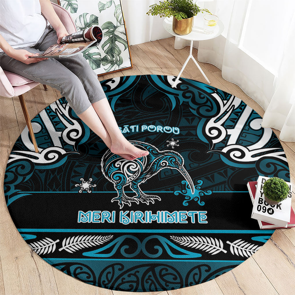 Ngati Porou Aotearoa Meri Kirihimete Round Carpet Maori Kiwi Bird Silver Fern Koru Pattern