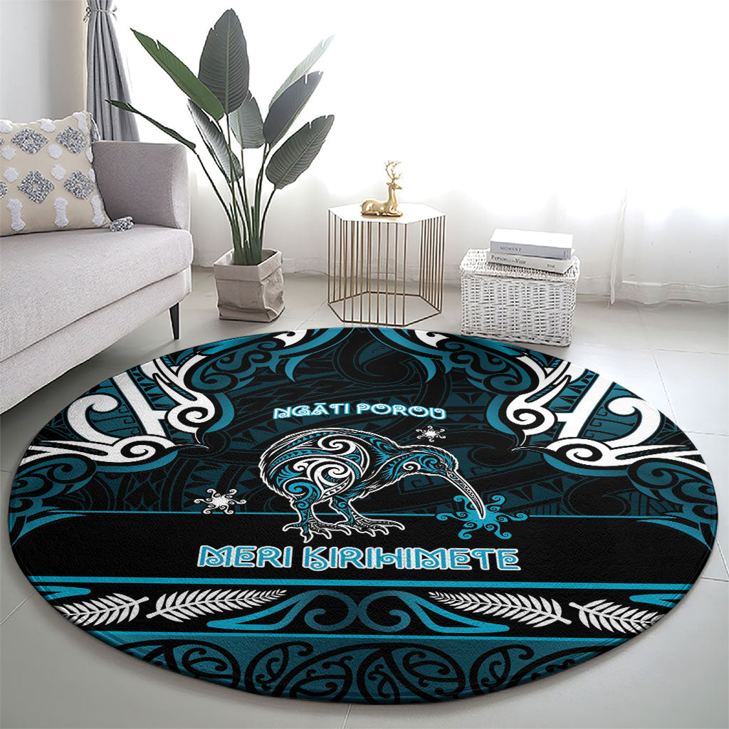 Ngati Porou Aotearoa Meri Kirihimete Round Carpet Maori Kiwi Bird Silver Fern Koru Pattern