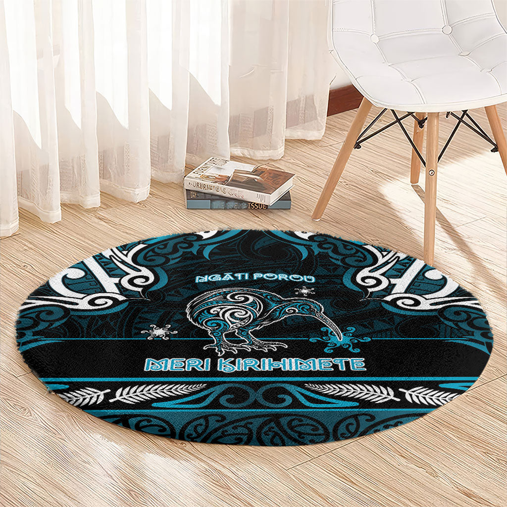 Ngati Porou Aotearoa Meri Kirihimete Round Carpet Maori Kiwi Bird Silver Fern Koru Pattern
