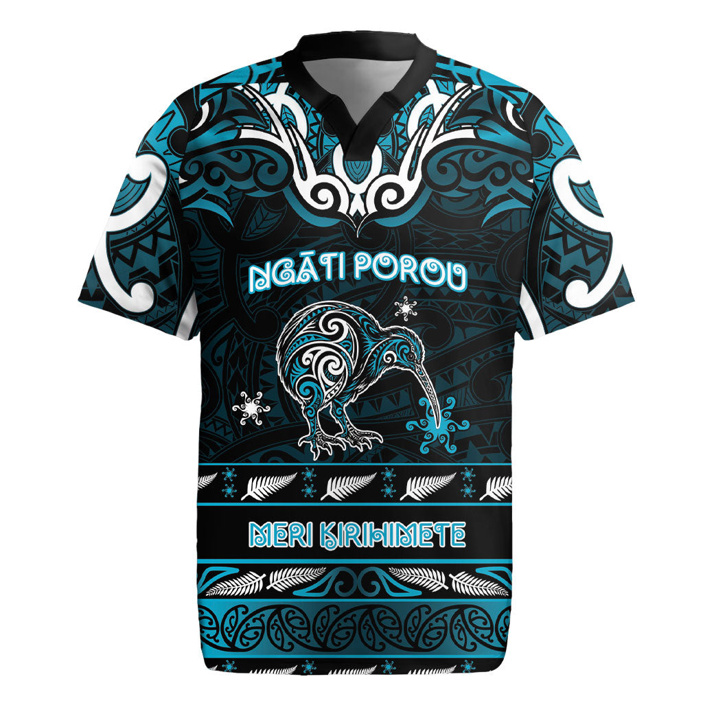 Personalised Ngati Porou Aotearoa Meri Kirihimete Rugby Jersey Maori Kiwi Bird Silver Fern Koru Pattern
