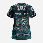 Personalised Ngati Porou Aotearoa Meri Kirihimete Scrub Top Maori Kiwi Bird Silver Fern Koru Pattern