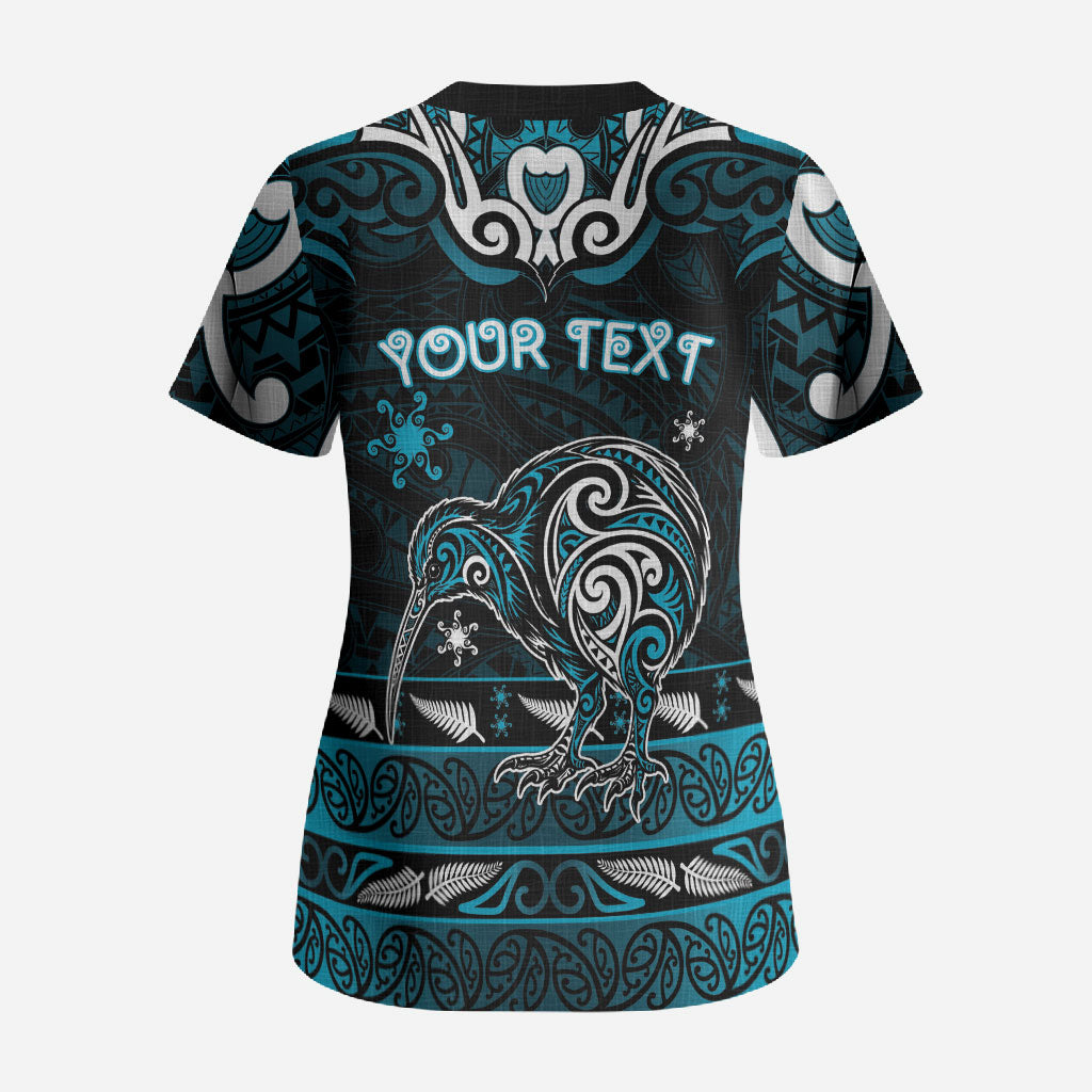 Personalised Ngati Porou Aotearoa Meri Kirihimete Scrub Top Maori Kiwi Bird Silver Fern Koru Pattern