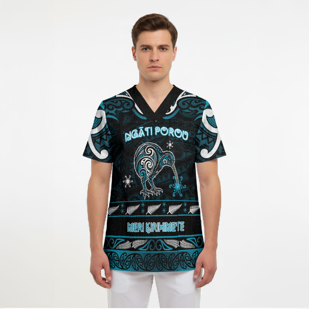 Personalised Ngati Porou Aotearoa Meri Kirihimete Scrub Top Maori Kiwi Bird Silver Fern Koru Pattern