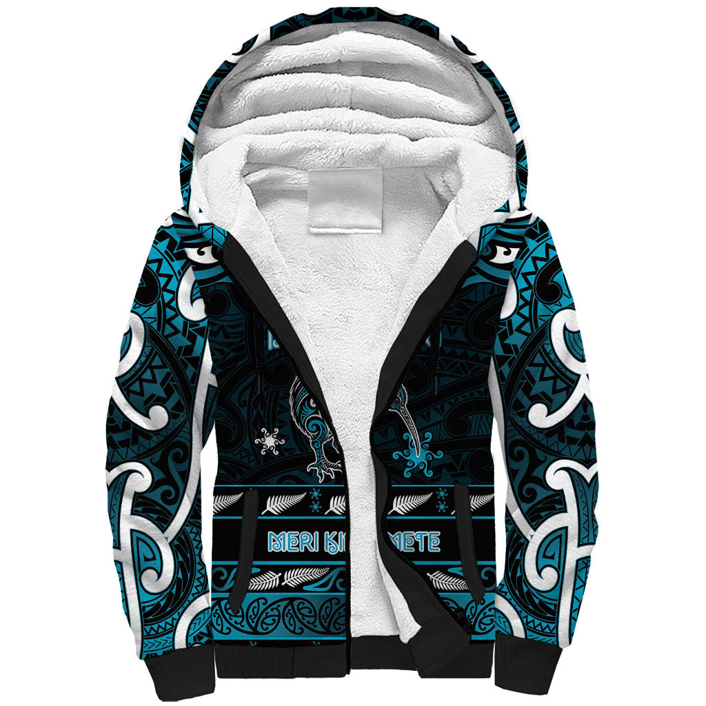 Personalised Ngati Porou Aotearoa Meri Kirihimete Sherpa Hoodie Maori Kiwi Bird Silver Fern Koru Pattern