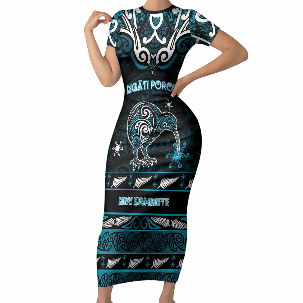Personalised Ngati Porou Aotearoa Meri Kirihimete Short Sleeve Bodycon Dress Maori Kiwi Bird Silver Fern Koru Pattern