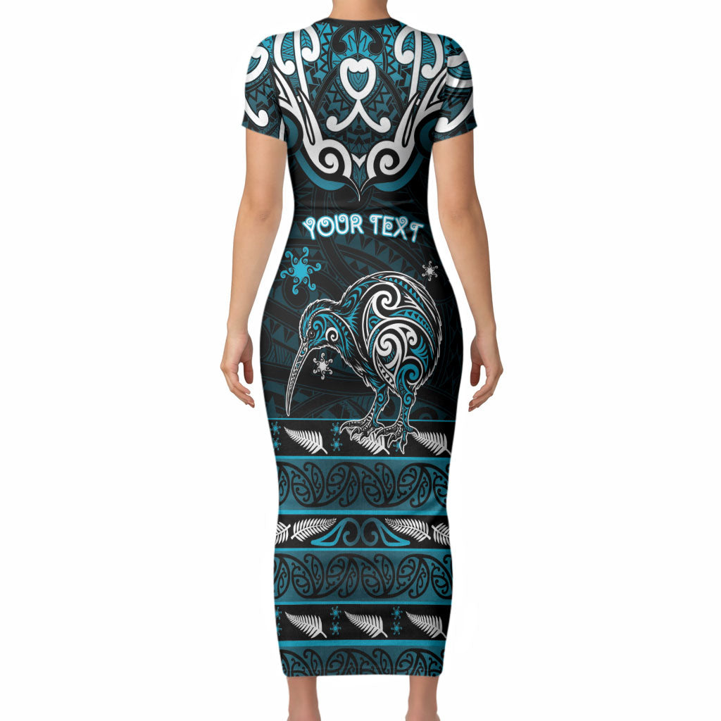 Personalised Ngati Porou Aotearoa Meri Kirihimete Short Sleeve Bodycon Dress Maori Kiwi Bird Silver Fern Koru Pattern