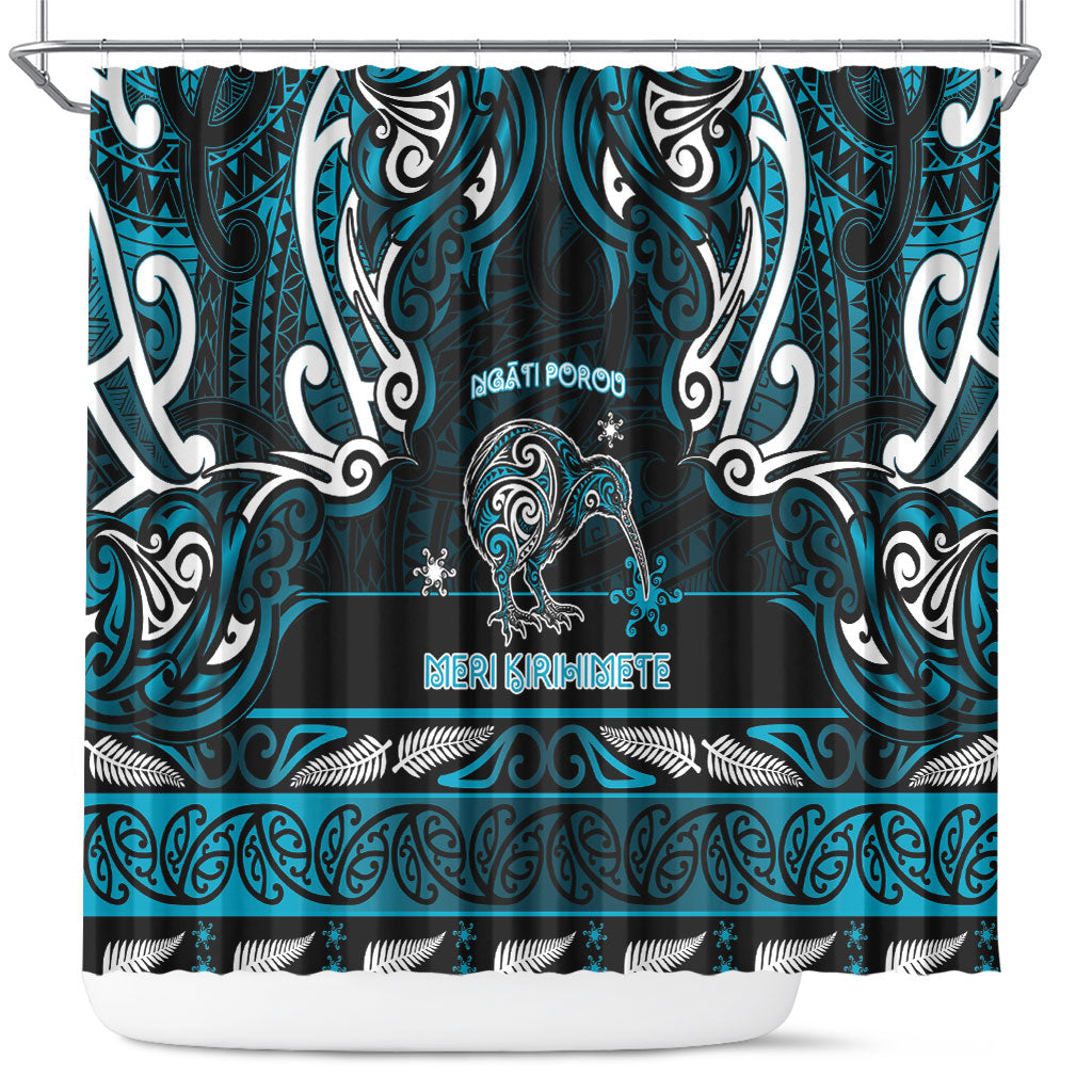 Ngati Porou Aotearoa Meri Kirihimete Shower Curtain Maori Kiwi Bird Silver Fern Koru Pattern