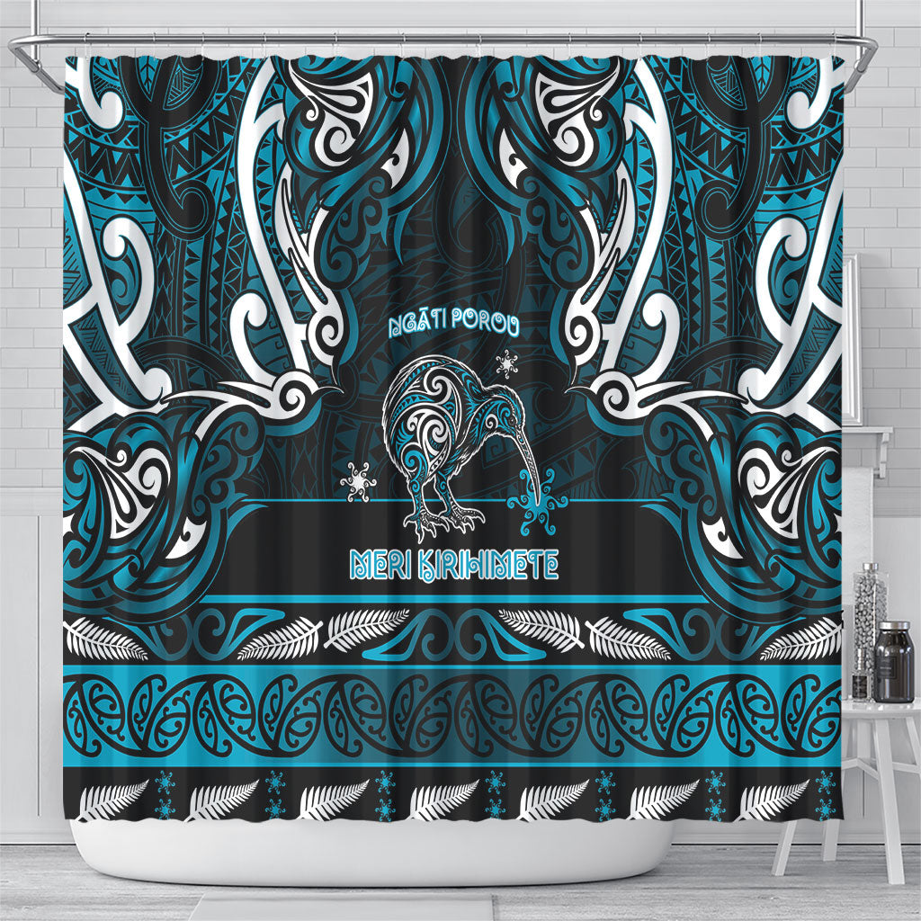 Ngati Porou Aotearoa Meri Kirihimete Shower Curtain Maori Kiwi Bird Silver Fern Koru Pattern