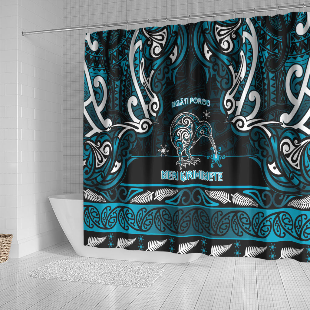 Ngati Porou Aotearoa Meri Kirihimete Shower Curtain Maori Kiwi Bird Silver Fern Koru Pattern