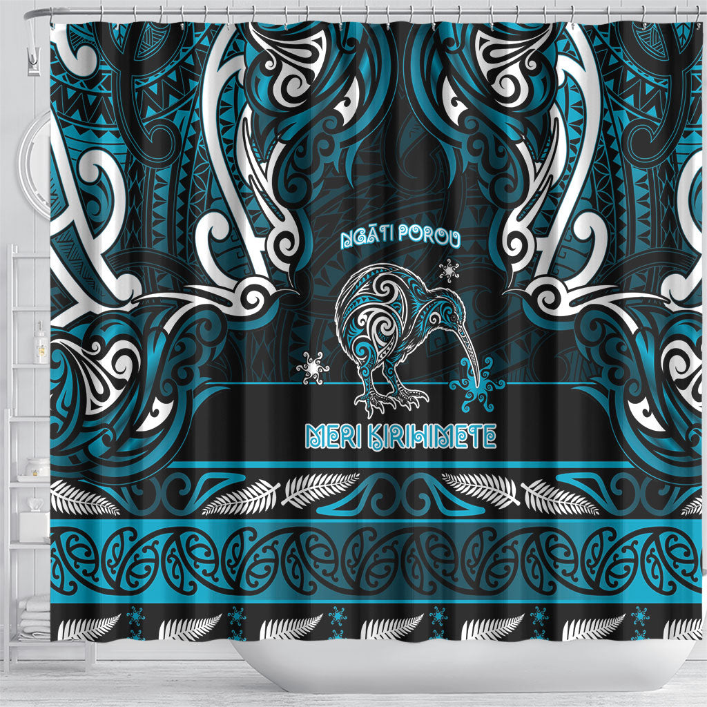 Ngati Porou Aotearoa Meri Kirihimete Shower Curtain Maori Kiwi Bird Silver Fern Koru Pattern