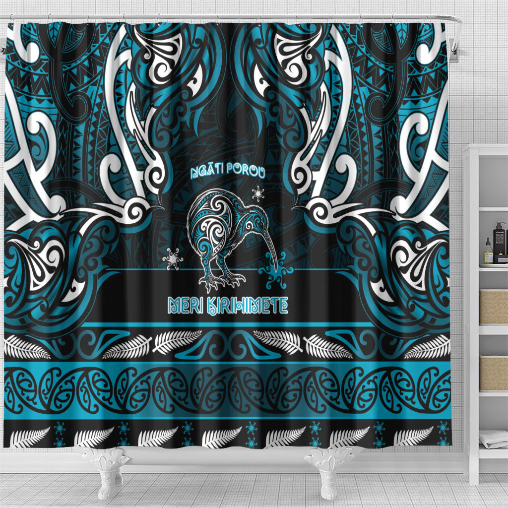 Ngati Porou Aotearoa Meri Kirihimete Shower Curtain Maori Kiwi Bird Silver Fern Koru Pattern