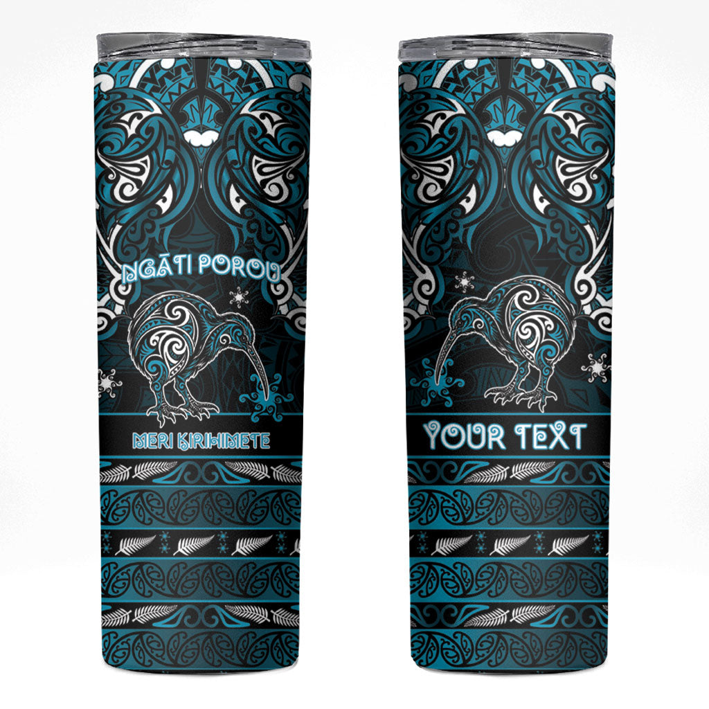 Personalised Ngati Porou Aotearoa Meri Kirihimete Skinny Tumbler Maori Kiwi Bird Silver Fern Koru Pattern