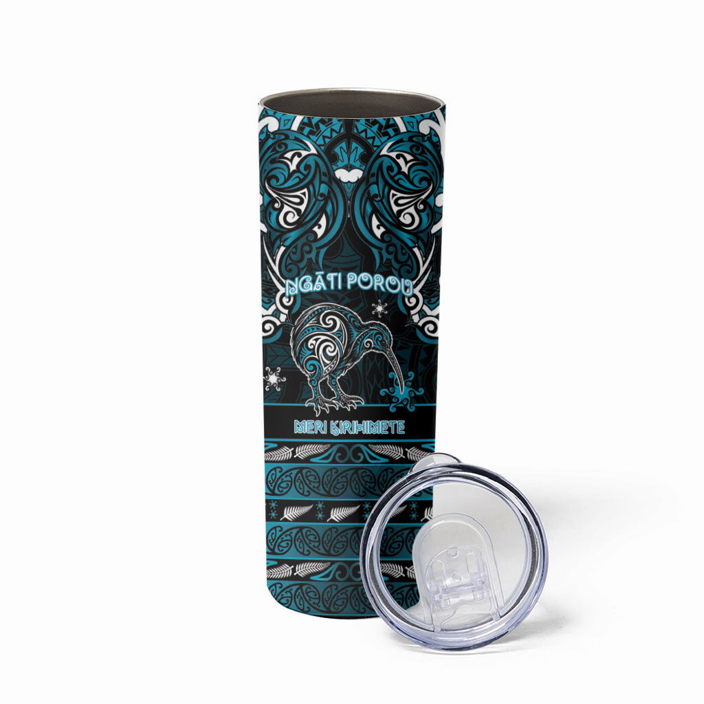 Personalised Ngati Porou Aotearoa Meri Kirihimete Skinny Tumbler Maori Kiwi Bird Silver Fern Koru Pattern