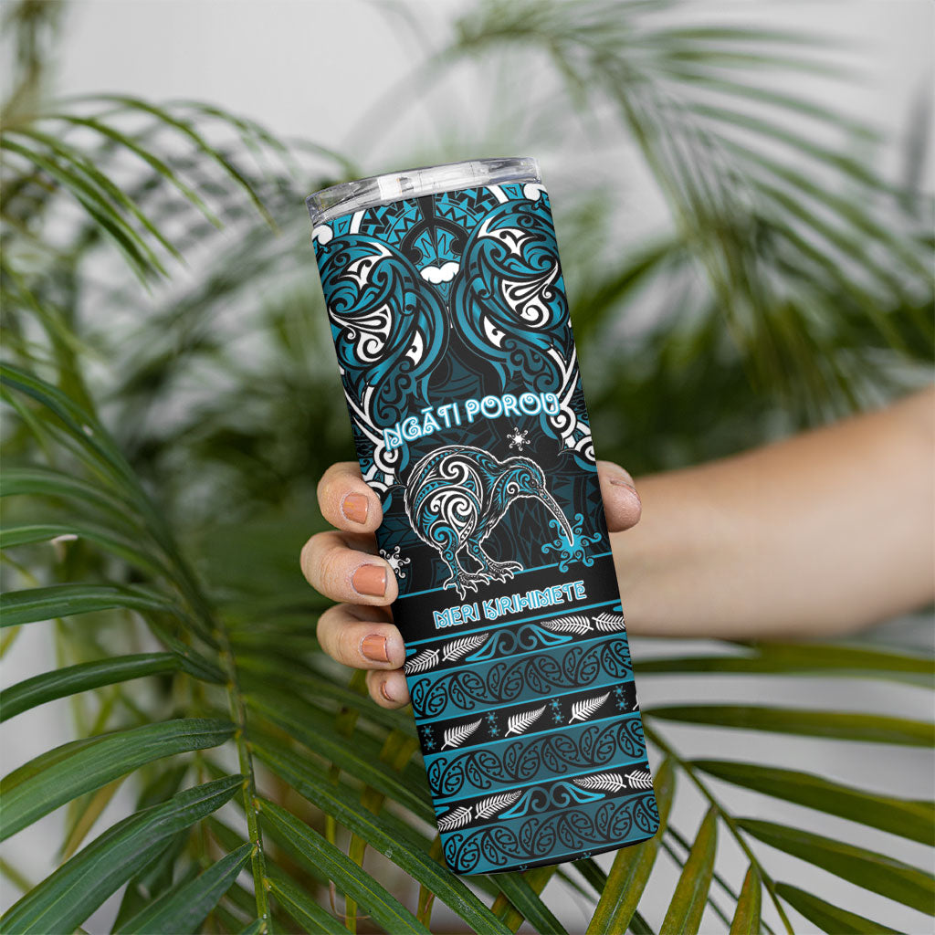 Personalised Ngati Porou Aotearoa Meri Kirihimete Skinny Tumbler Maori Kiwi Bird Silver Fern Koru Pattern