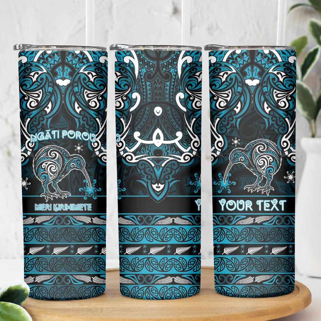 Personalised Ngati Porou Aotearoa Meri Kirihimete Skinny Tumbler Maori Kiwi Bird Silver Fern Koru Pattern