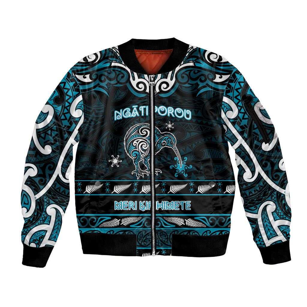 Personalised Ngati Porou Aotearoa Meri Kirihimete Sleeve Zip Bomber Jacket Maori Kiwi Bird Silver Fern Koru Pattern