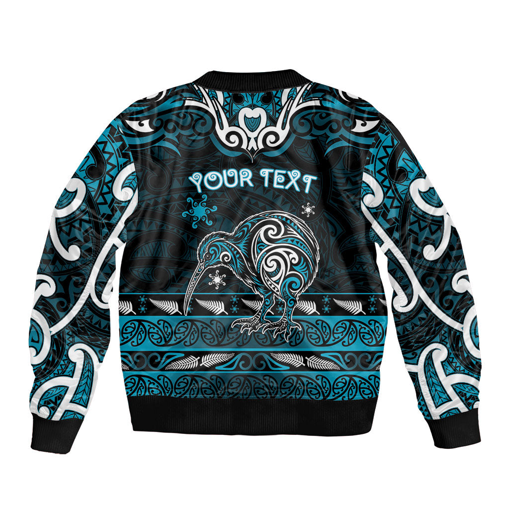 Personalised Ngati Porou Aotearoa Meri Kirihimete Sleeve Zip Bomber Jacket Maori Kiwi Bird Silver Fern Koru Pattern
