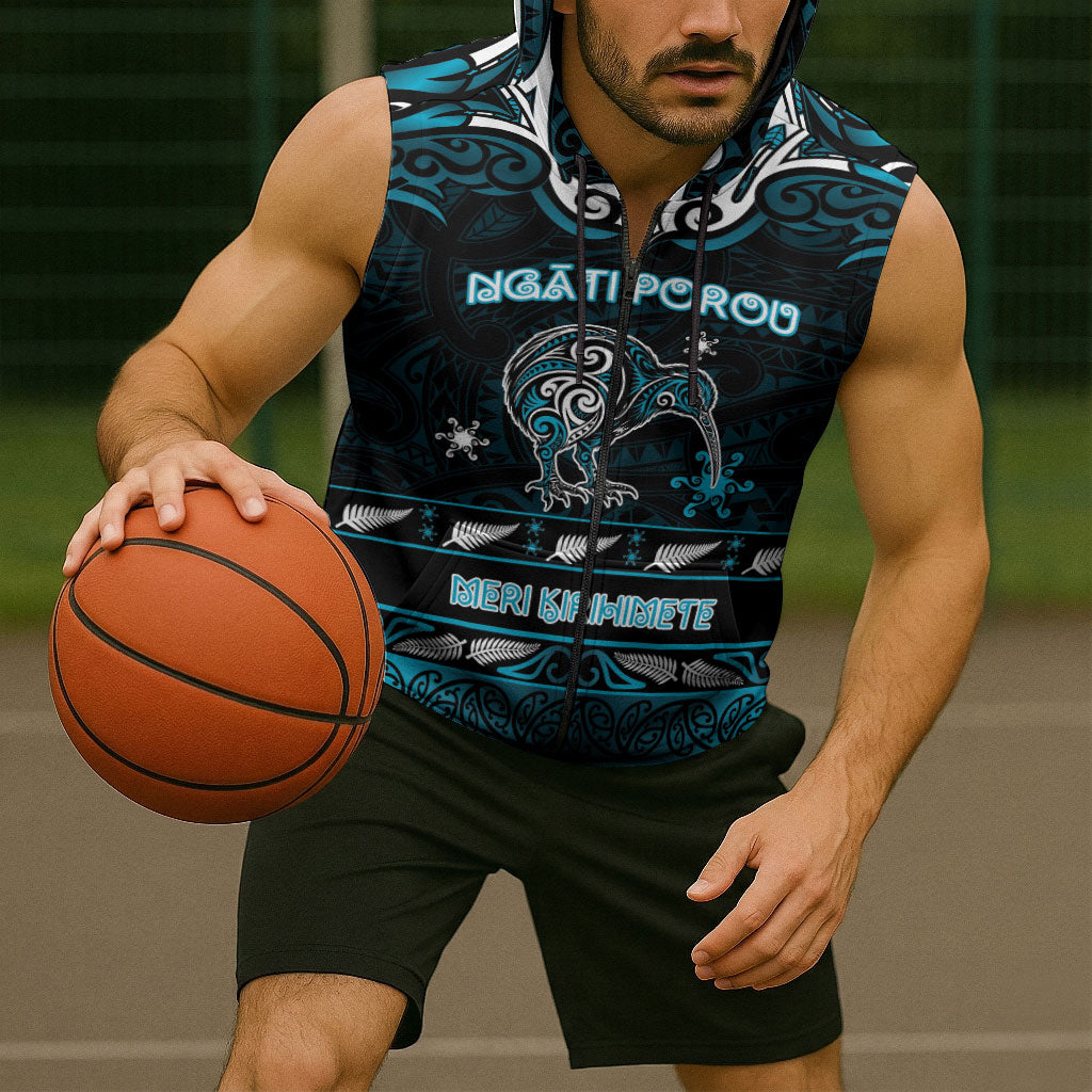 Personalised Ngati Porou Aotearoa Meri Kirihimete Sleeveless Zip Hoodie Maori Kiwi Bird Silver Fern Koru Pattern
