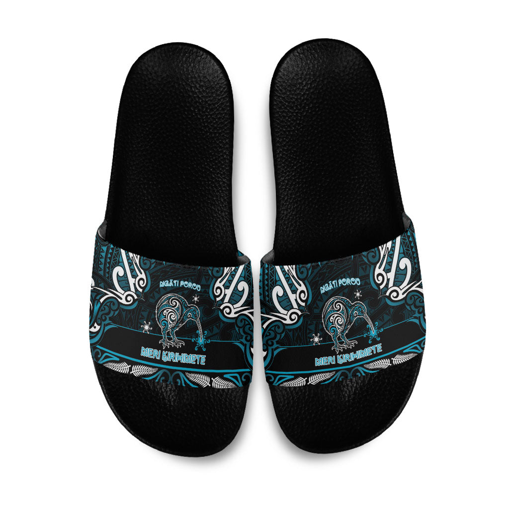 Ngati Porou Aotearoa Meri Kirihimete Slide Sandals Maori Kiwi Bird Silver Fern Koru Pattern