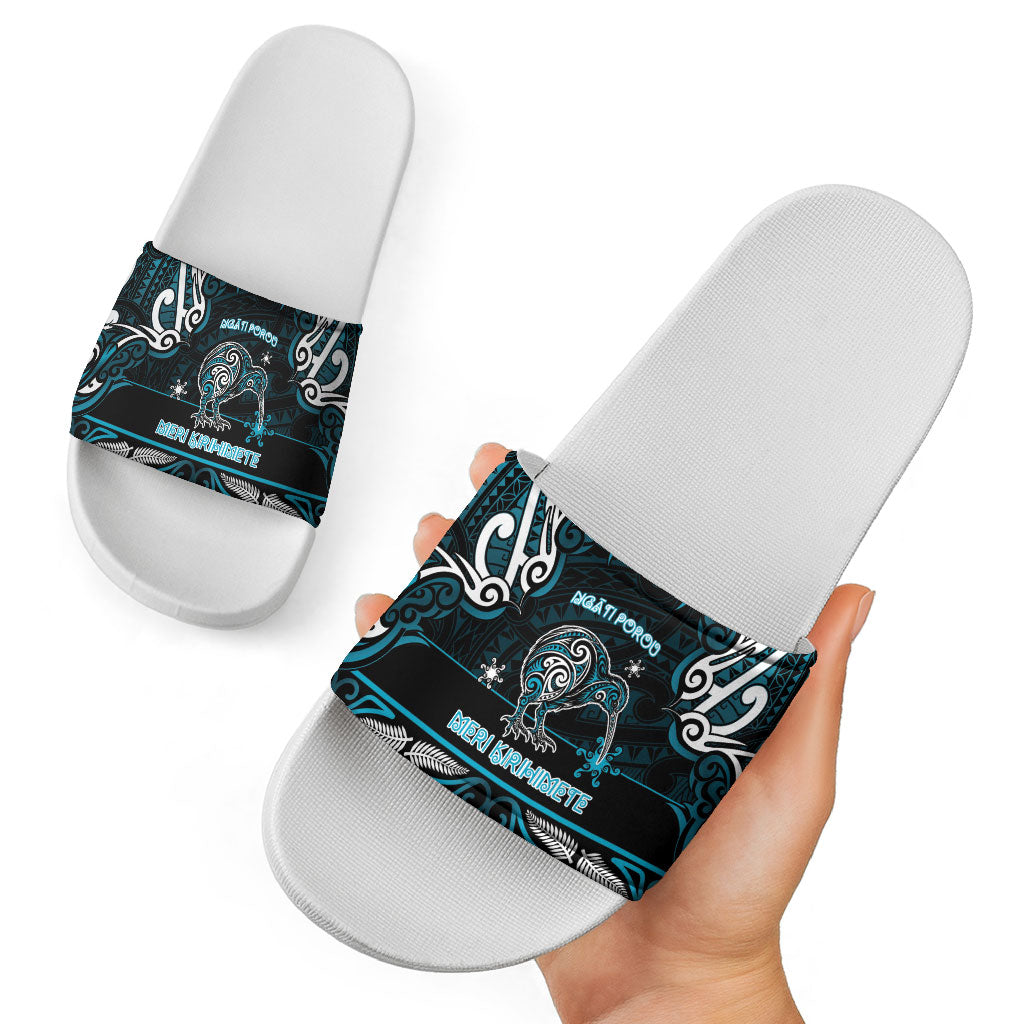 Ngati Porou Aotearoa Meri Kirihimete Slide Sandals Maori Kiwi Bird Silver Fern Koru Pattern