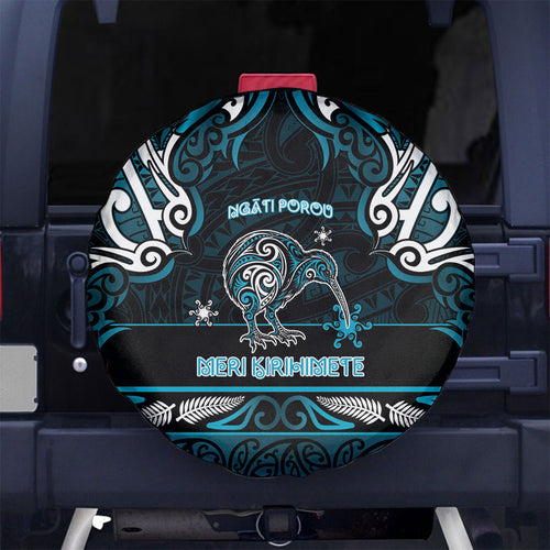 Ngati Porou Aotearoa Meri Kirihimete Spare Tire Cover Maori Kiwi Bird Silver Fern Koru Pattern
