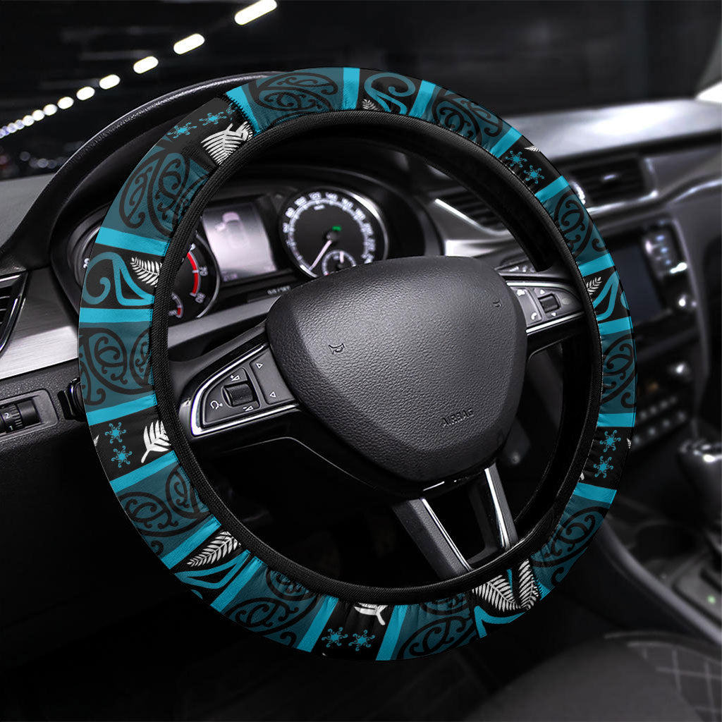 Ngati Porou Aotearoa Meri Kirihimete Steering Wheel Cover Maori Kiwi Bird Silver Fern Koru Pattern