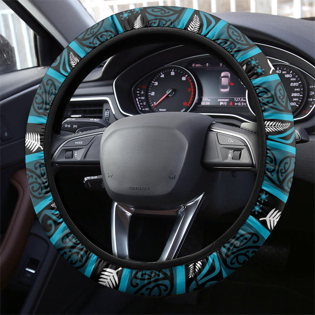 Ngati Porou Aotearoa Meri Kirihimete Steering Wheel Cover Maori Kiwi Bird Silver Fern Koru Pattern