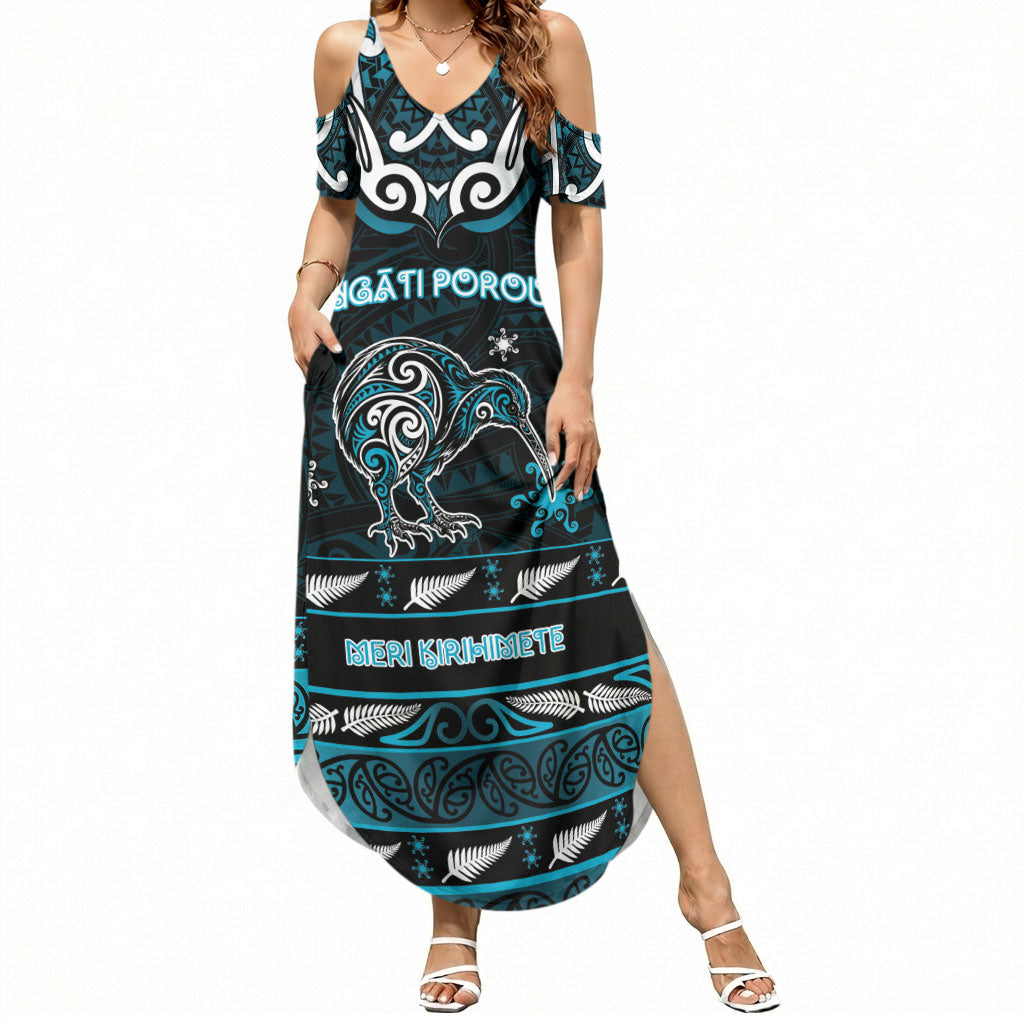 Personalised Ngati Porou Aotearoa Meri Kirihimete Summer Maxi Dress Maori Kiwi Bird Silver Fern Koru Pattern