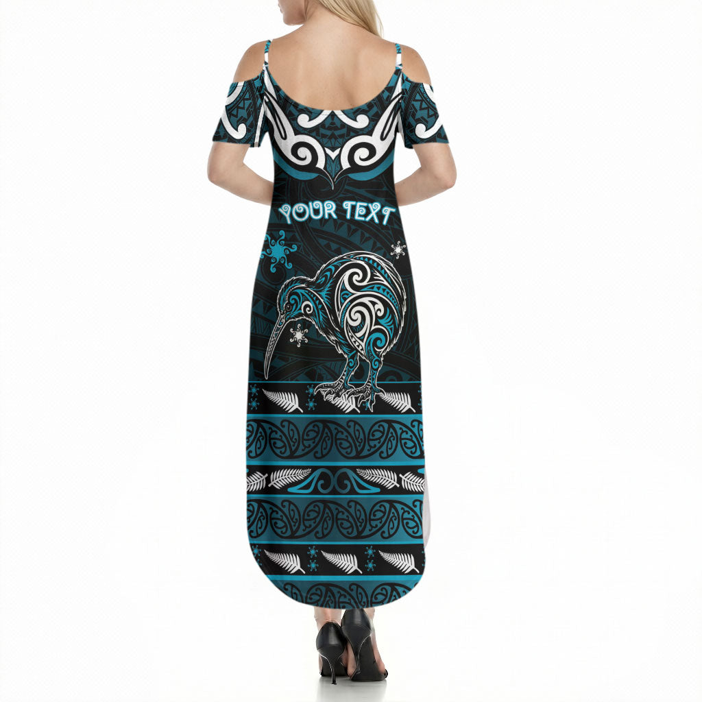 Personalised Ngati Porou Aotearoa Meri Kirihimete Summer Maxi Dress Maori Kiwi Bird Silver Fern Koru Pattern