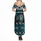 Personalised Ngati Porou Aotearoa Meri Kirihimete Summer Maxi Dress Maori Kiwi Bird Silver Fern Koru Pattern