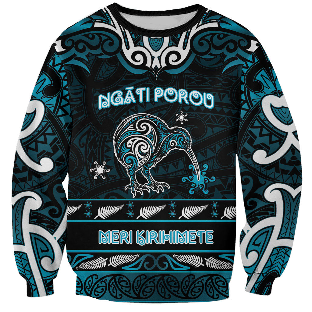 Personalised Ngati Porou Aotearoa Meri Kirihimete Sweatshirt Maori Kiwi Bird Silver Fern Koru Pattern