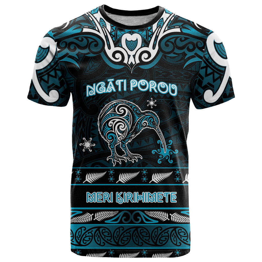 Personalised Ngati Porou Aotearoa Meri Kirihimete T Shirt Maori Kiwi Bird Silver Fern Koru Pattern