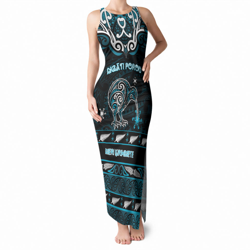 Personalised Ngati Porou Aotearoa Meri Kirihimete Tank Maxi Dress Maori Kiwi Bird Silver Fern Koru Pattern