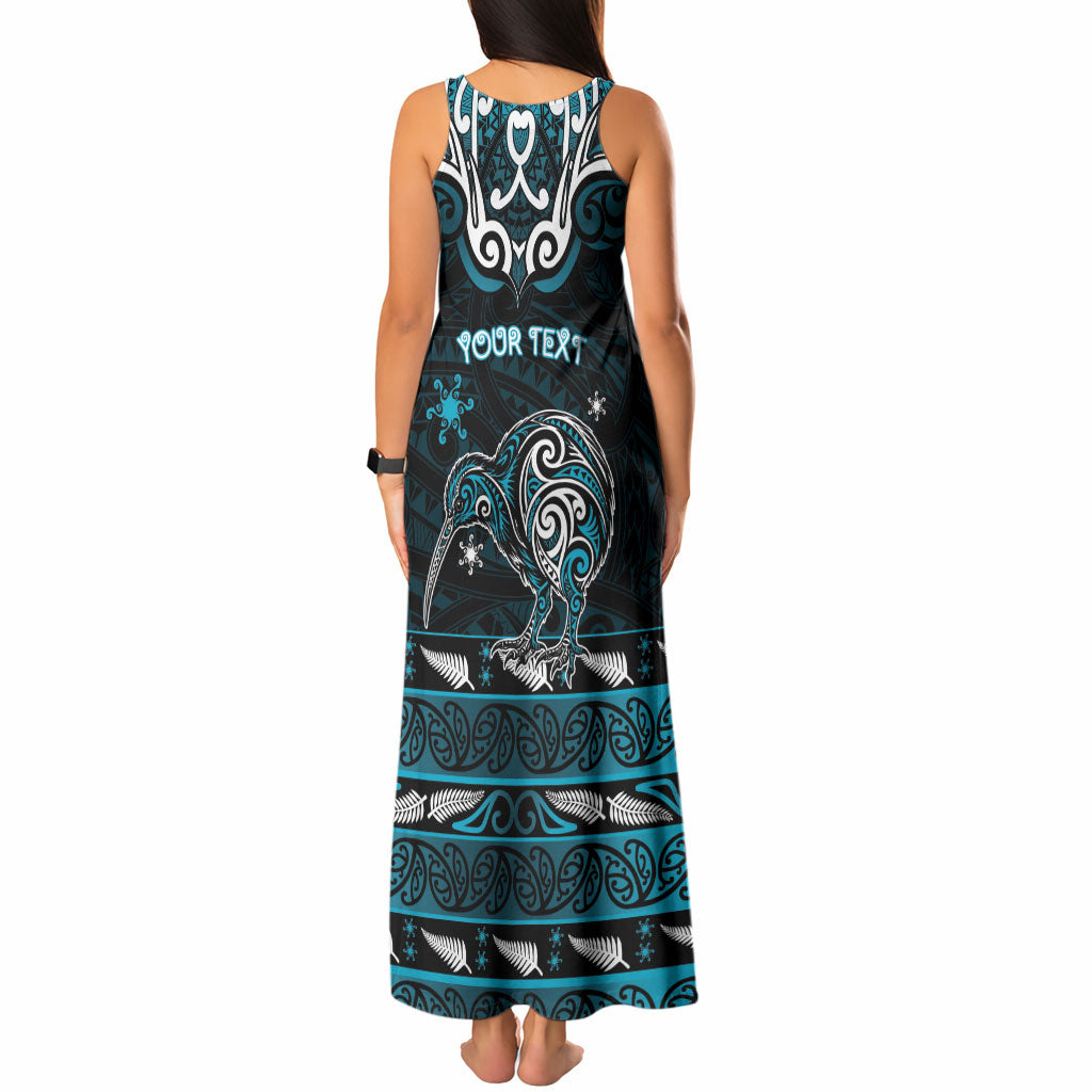 Personalised Ngati Porou Aotearoa Meri Kirihimete Tank Maxi Dress Maori Kiwi Bird Silver Fern Koru Pattern