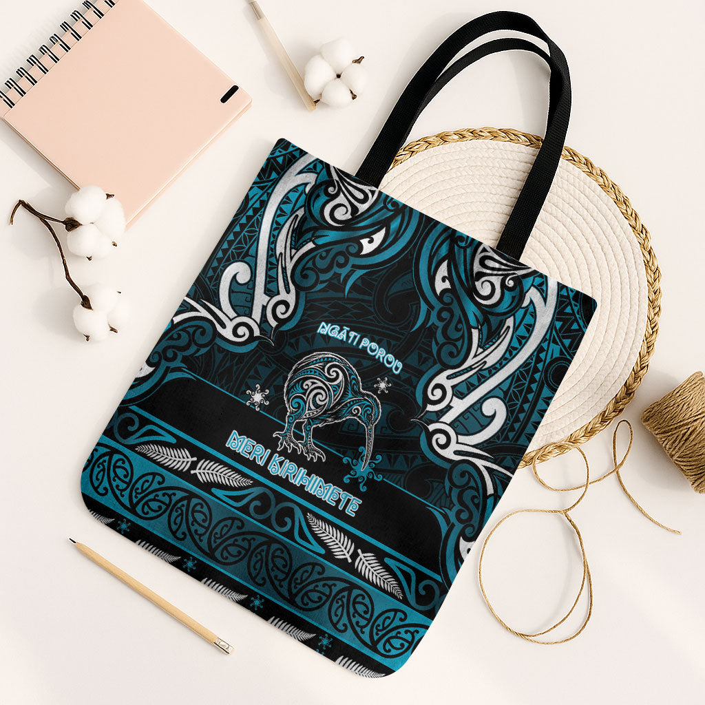 Ngati Porou Aotearoa Meri Kirihimete Tote Bag Maori Kiwi Bird Silver Fern Koru Pattern