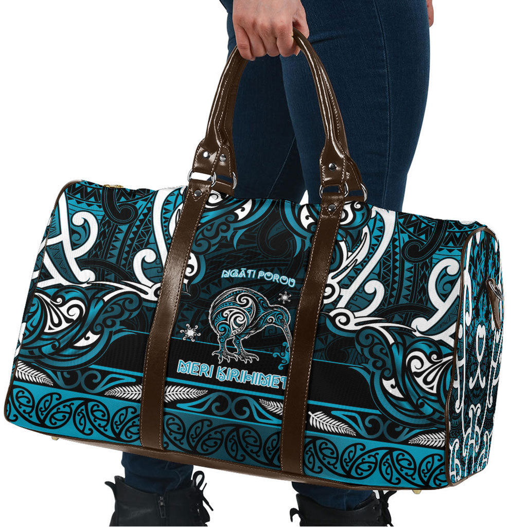 Ngati Porou Aotearoa Meri Kirihimete Travel Bag Maori Kiwi Bird Silver Fern Koru Pattern