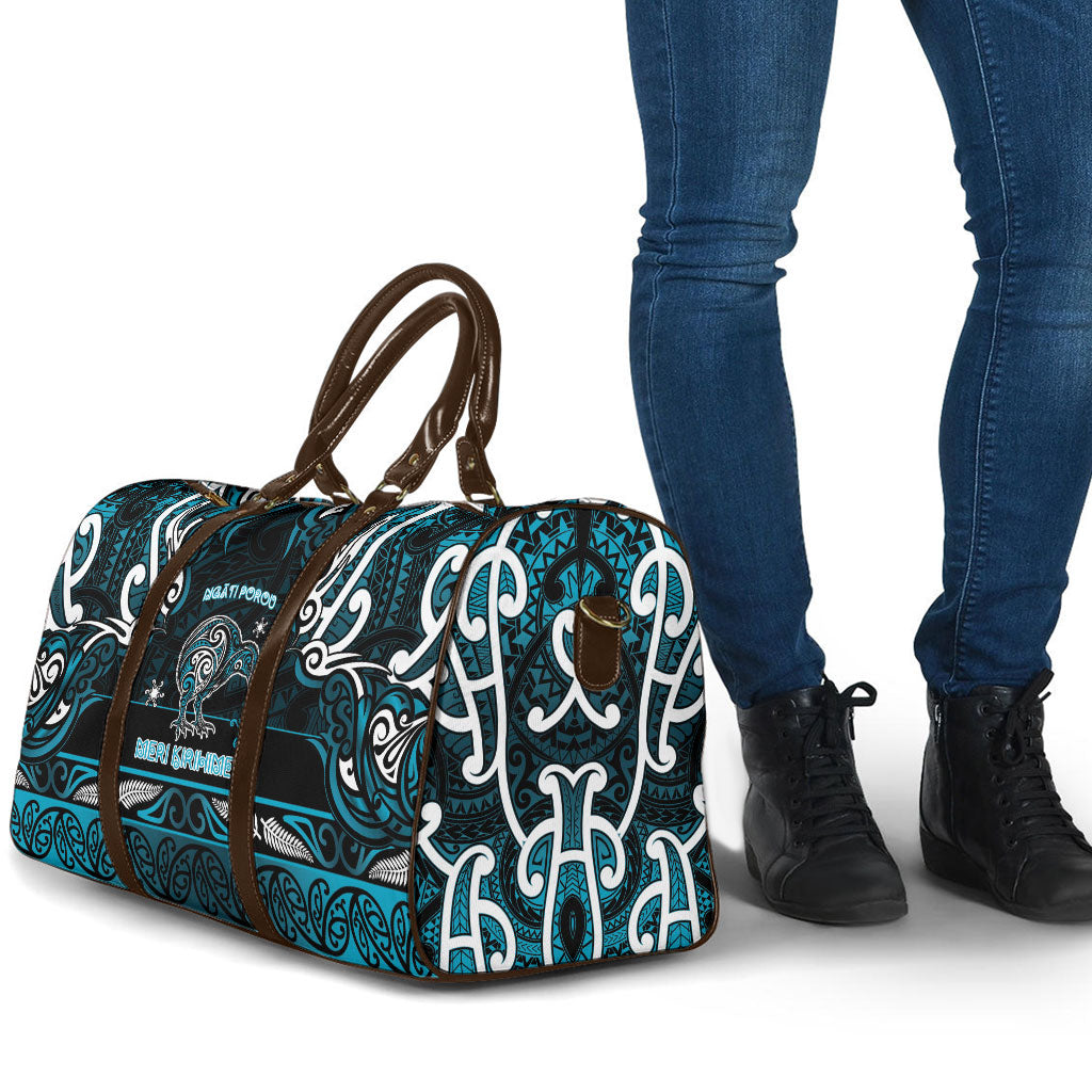 Ngati Porou Aotearoa Meri Kirihimete Travel Bag Maori Kiwi Bird Silver Fern Koru Pattern