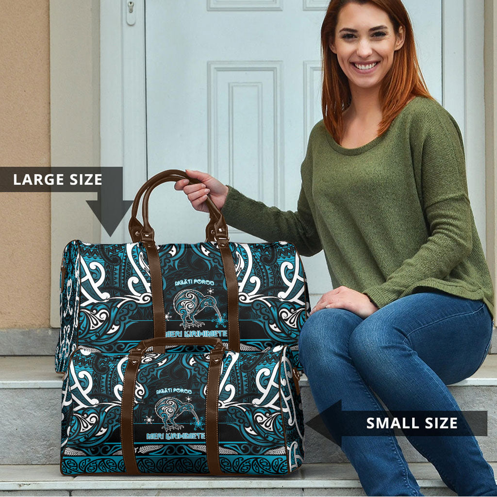 Ngati Porou Aotearoa Meri Kirihimete Travel Bag Maori Kiwi Bird Silver Fern Koru Pattern
