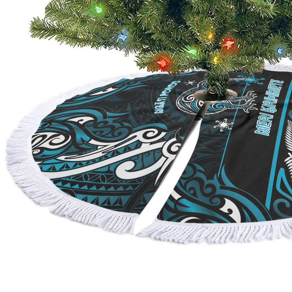 Ngati Porou Aotearoa Meri Kirihimete Tree Skirt Maori Kiwi Bird Silver Fern Koru Pattern