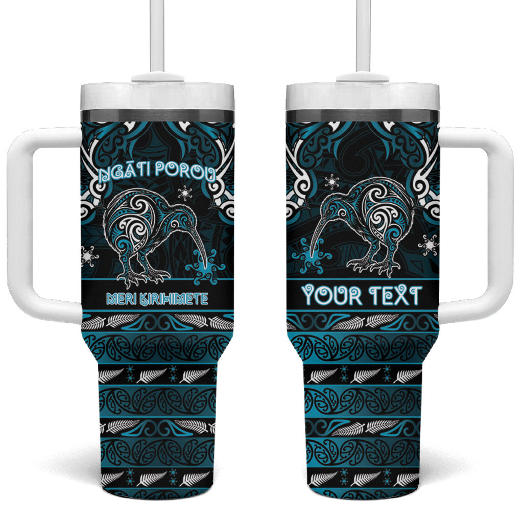 Personalised Ngati Porou Aotearoa Meri Kirihimete Tumbler With Handle Maori Kiwi Bird Silver Fern Koru Pattern