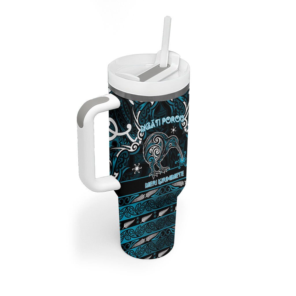 Personalised Ngati Porou Aotearoa Meri Kirihimete Tumbler With Handle Maori Kiwi Bird Silver Fern Koru Pattern